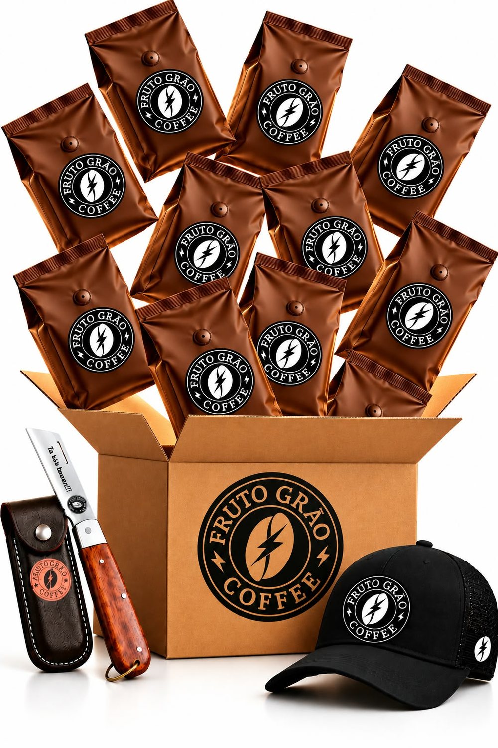 Kit Caixa 5 kg Torra Média + Boné e Canivete: os pacotes de café e o que vai junto na caixa, na foto da Fruto Grão Coffee