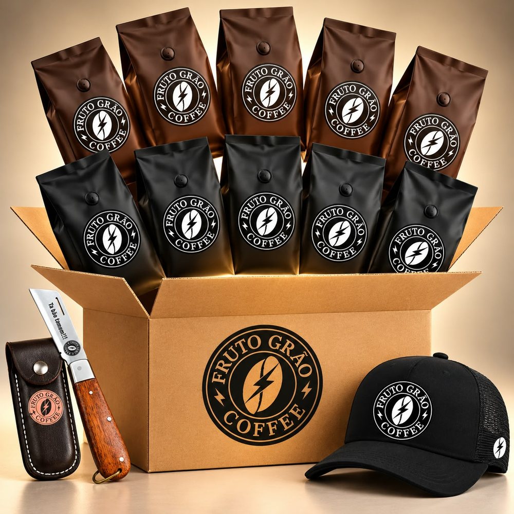 Kit Caixa 5 kg Mista + Boné e Canivete: os pacotes de café e o que vai junto na caixa, na foto da Fruto Grão Coffee