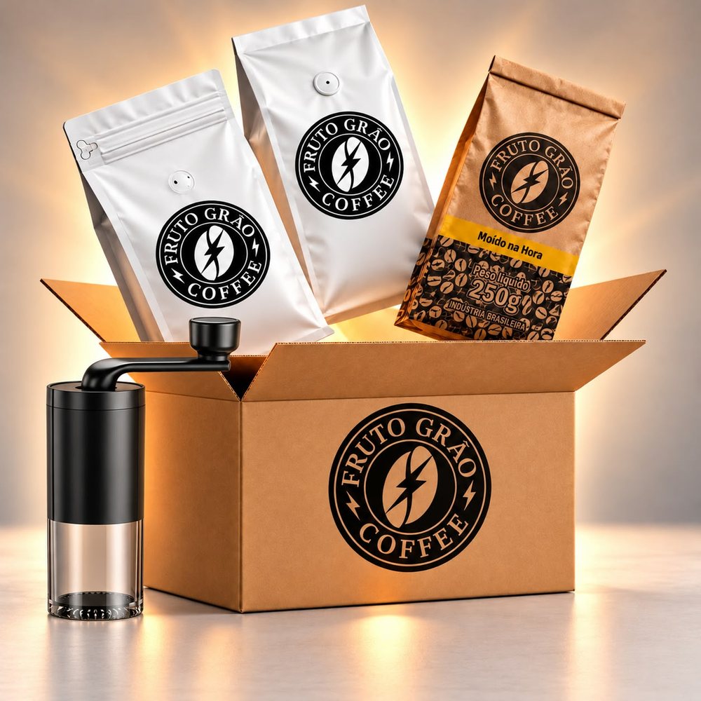 Kit Chocolate e Frutado + Moedor: os pacotes de café e o que vai junto na caixa, na foto da Fruto Grão Coffee