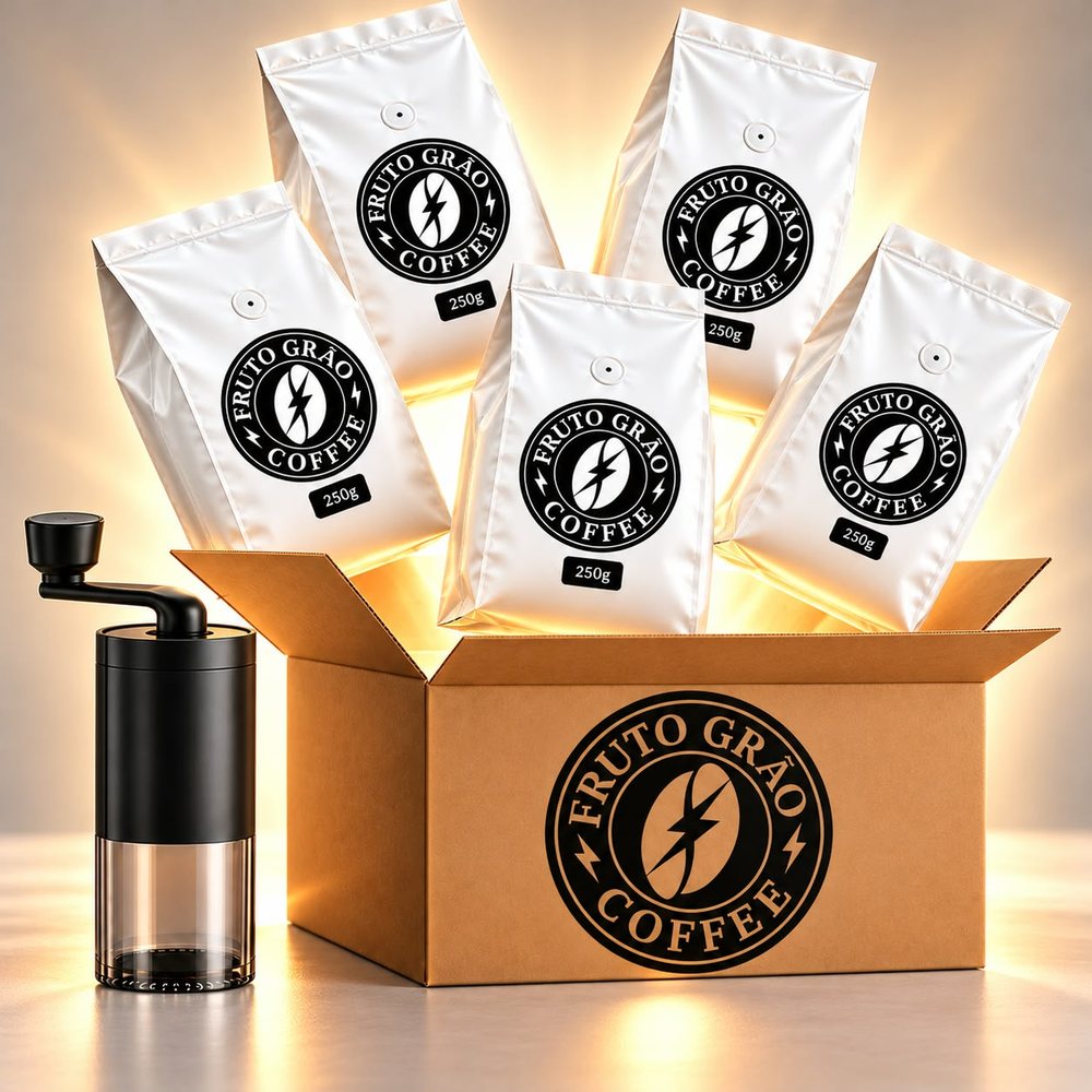 Pacotes de 250 g do kit degustação saindo da caixa, com um moedor de café manual