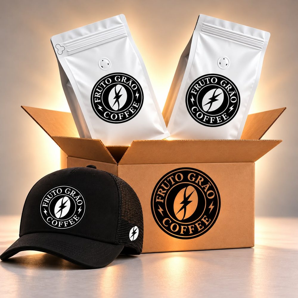 Kit Dois Chocolates + Boné: os pacotes de café e o que vai junto na caixa, na foto da Fruto Grão Coffee