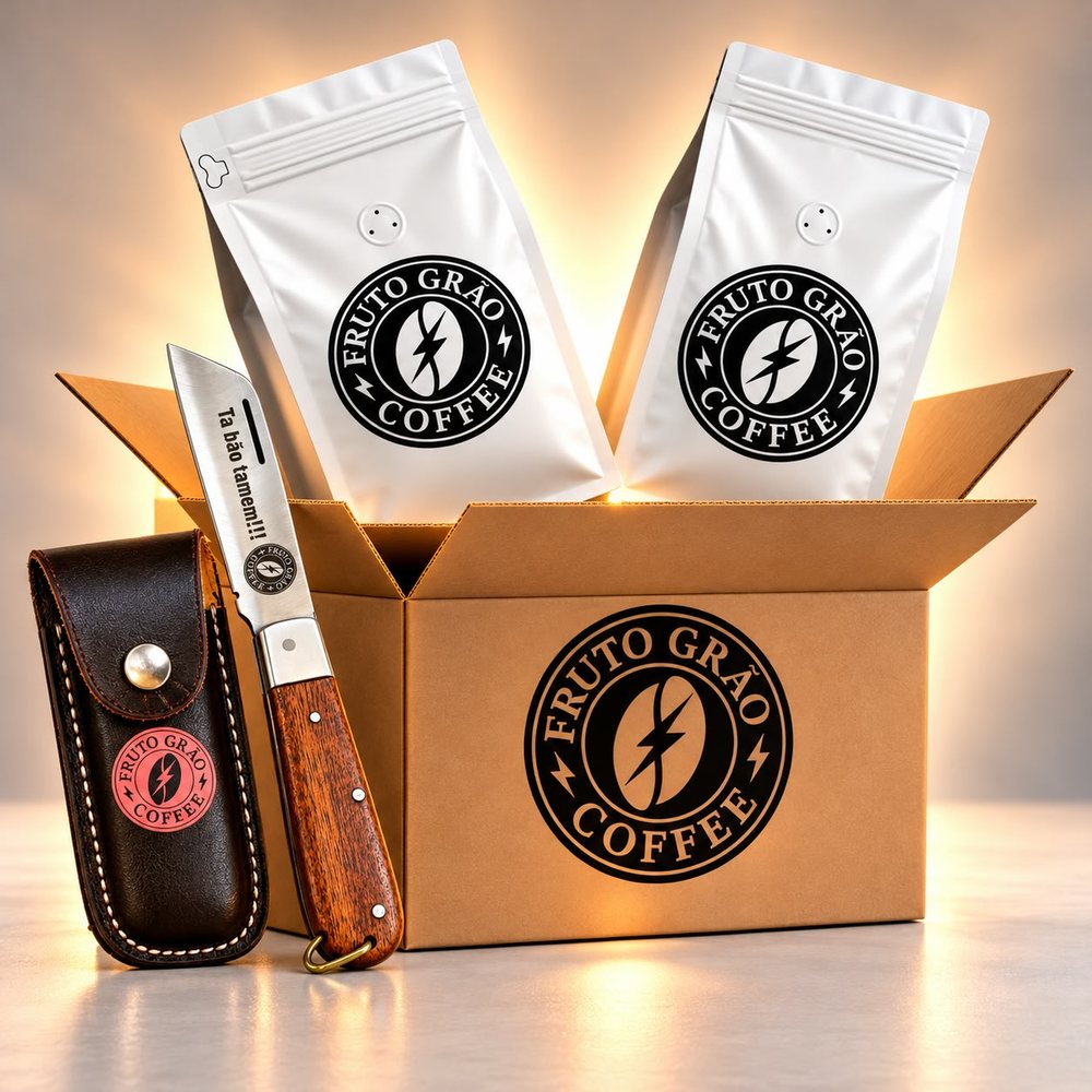 Kit Dois Chocolates + Canivete: os pacotes de café e o que vai junto na caixa, na foto da Fruto Grão Coffee