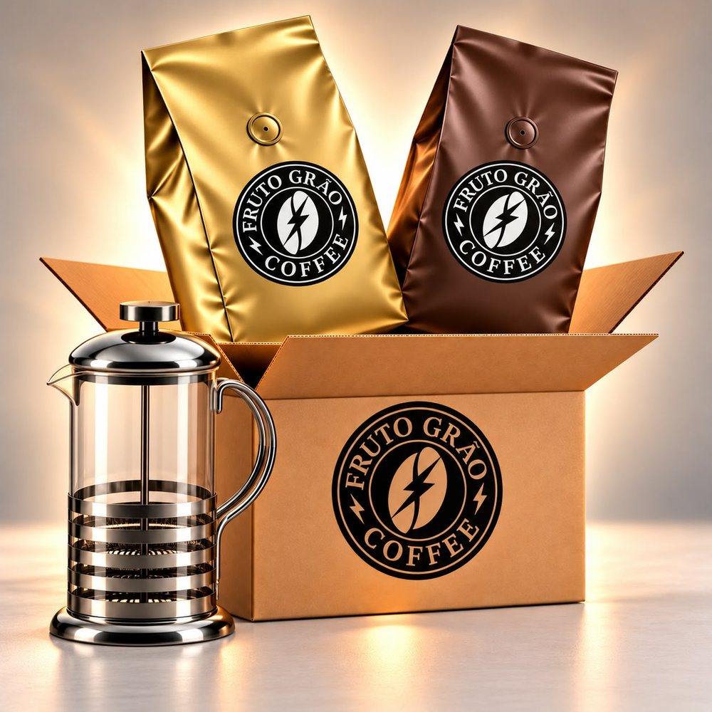 Kit Frutado e Média + Prensa: os pacotes de café e o que vai junto na caixa, na foto da Fruto Grão Coffee